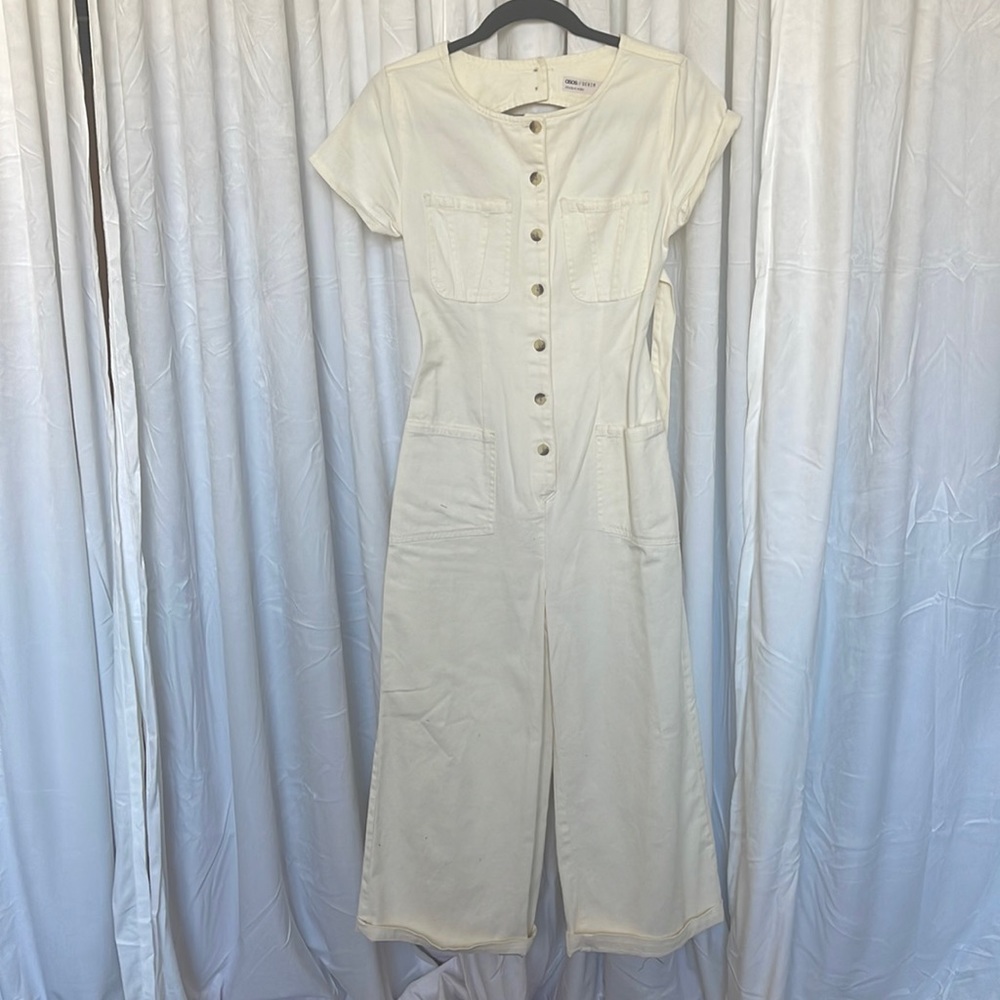 Ivory open back wide leg utility jumpsuit